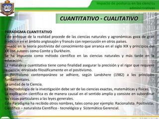 CUANTITATIVO - CUALITATIVO PARADIGMA CUANTITATIVO Este enfoque de la realidad procede de las ciencias naturales y agronómicas goza de gran tradición en el ámbito anglosajón y francés con repercusión en otros países. Basado en la teoría positivista del conocimiento que arranca en el siglo XIX y principios del XX con autores como Comte y Durkheim. Se ha impuesto como método científico en las ciencias naturales y más tarde en la educación. La naturaleza cuantitativa tiene como finalidad asegurar la precisión y el rigor que requiere la ciencia, enraizado filosóficamente en el positivismo. El Positivismo contemporáneo se adhiere, según Landshere (1982) a los principios fundamentales. La unidad de la Ciencia. La metodología de la investigación debe ser de las ciencias exactas, matemáticas y físicas. La explicación científica es de manera causal en el sentido amplio y consiste en subordinar los casos particulares a las leyes generales. Este Paradigma ha recibido otros nombres, tales como por ejemplo: Racionalista. Positivista. Científico – naturalista Científico - tecnológico y  Sistemático Gerencial. 
