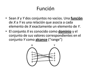 FunciónSean X y Y dos conjuntos no vacios. Una función de X a Y es una relación que asocia a cada elemento de X exactamente un elemento de Y.El conjunto X es conocido como dominio y el conjunto de sus valores correspondientes en el conjunto Y como alcance(“range”)