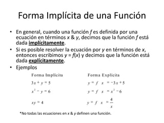 Forma Implícita de una FunciónEn general, cuando una función f es definida por una ecuación en términos x & y, decimos que la función f está dada implícitamente.Si es posible resolver la ecuación por y en términos de x, entonces escribimos y = f(x) y decimos que la función está dada explícitamente.Ejemplos*No todas las ecuaciones en x & y definen una función.