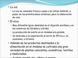 La vid La uva se consumía fresca o pasa y se utiliza también, a pesar de las prohibiciones coránicas, para la elaboración de vino. El olivo Muy difundido (gran densidad en el Aljarafe sevillano y en las comarcas de Córdoba y Lérida) La producción de aceite en al-Andalus era grande. Se dedicaba a la exportación al norte de África y, en ocasiones, a Oriente. Además de los productos destinados a la alimentación en al-Andalus se cultivaba una gran variedad de plantas colorantes, aromáticas, textiles y medicinales. Azafrán, algodón, lino, cáñamo, la morera. 