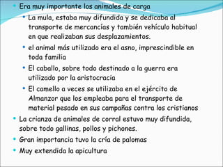 Era muy importante los animales de carga  La mula, estaba muy difundida y se dedicaba al transporte de mercancías y también vehículo habitual en que realizaban sus desplazamientos. el animal más utilizado era el asno, imprescindible en toda familia El caballo, sobre todo destinado a la guerra era utilizado por la aristocracia El camello a veces se utilizaba en el ejército de Almanzor que los empleaba para el transporte de material pesado en sus campañas contra los cristianos La crianza de animales de corral estuvo muy difundida, sobre todo gallinas, pollos y pichones. Gran importancia tuvo la cría de palomas Muy extendida la apicultura 