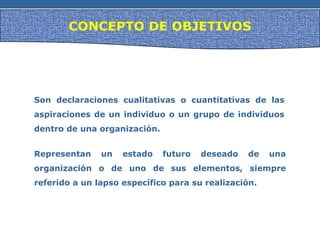 CONCEPTO DE OBJETIVOS
Son declaraciones cualitativas o cuantitativas de las
aspiraciones de un individuo o un grupo de individuos
dentro de una organización.
Representan un estado futuro deseado de una
organización o de uno de sus elementos, siempre
referido a un lapso específico para su realización.
 