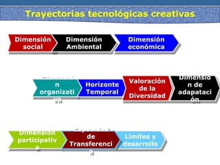 Trayectorias tecnológicas creativas
Dimensión
social
Dimensió
n
organizati
va
Dimensión
participativ
a
ó
Dimensión
Ambiental
Dimensión
económica
Horizonte
Temporal
Valoración
de la
Diversidad
Dimensió
n de
adapataci
ón
Límites y
desarrollo
Capacidad
de
Transferenci
a
 
