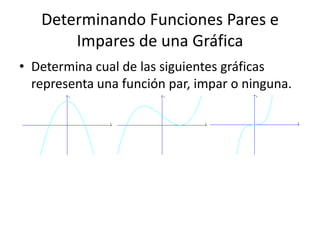 Determinando Funciones Pares e Impares de una GráficaDetermina cual de las siguientes gráficas representa una función par, impar o ninguna.