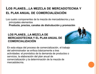 LOS PLANES...LA MEZCLA DE MERCADOTECNIA Y
EL PLAN ANUAL DE COMERCIALIZACIÓN
Los cuatro componentes de la mezcla de mercadotecnia y sus
principales elementos
Producto, precios, canales de distrubución y promoción
LOS PLANES...LA MEZCLA DE
MERCADOTECNIA Y EL PLAN ANUAL DE
COMERCIALIZACIÓN
En esta etapa del proceso de comercialización, el trabajo
del administrador se enfoca básicamente a tres
actividades: el pronóstico de la demanda de productos o
servicios, la elaboración del plan anual de
comercialización y la determinación de la mezcla de
mercadotecnia.
 