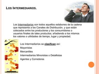 Los Intermediarios. Los Intermediarios son todos aquellos eslabones de la cadena que representa a los Canales de Distribución, y que están colocados entre los productores y los consumidores o usuarios finales de tales productos; añadiendo a los mismos los valores o utilidades de tiempo, lugar y propiedad.Los Intermediarios se clasificanasí:		Mayoristas		Mercantiles		Intermediarios Minoristas o Detallistas		Agentes y Corredores