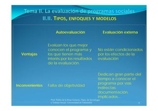13
Autoevaluación Evaluación externa
Ventajas
Evalúan los que mejor
conocen el programa y
los que tienen más
interés por los resultados
de la evaluación.
No están condicionados
por los efectos de la
evaluación
Inconvenientes Falta de objetividad
Dedican gran parte del
tiempo a conocer el
programa por vías
indirectas:
documentación,
implicados...
Prof. Pablo de la Rosa Gimeno. Dpto. de Sociología 
y Trabajo Social. Universidad de Valladolid
 
