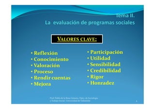 4
Prof. Pablo de la Rosa Gimeno. Dpto. de Sociología 
y Trabajo Social. Universidad de Valladolid
• Reflexión
• Conocimiento
• Valoración
• Proceso
• Rendir cuentas
• Mejora
• Participación
• Utilidad
• Sensibilidad
• Credibilidad
• Rigor
• Honradez
VALORES CLAVE:
 