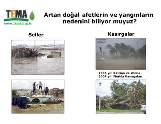 Artan doğal afetlerin ve yangınların
www.tema.org.tr             nedenini biliyor muyuz?

             Seller                          Kasırgalar




                                       2005 yılı Katrina ve Wilma,
                                       2007 yılı Florida Kasırgaları
 