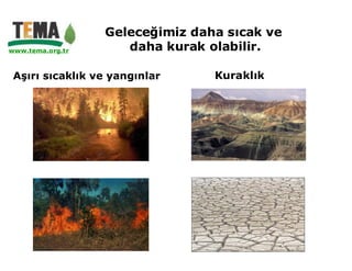 Geleceğimiz daha sıcak ve
www.tema.org.tr      daha kurak olabilir.

 Aşırı sıcaklık ve yangınlar     Kuraklık
 