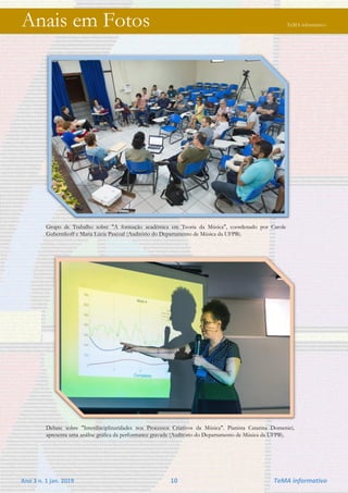 Ano 3 n. 1 jan. 2019 10 TeMA informativo
Anais em Fotos TeMA informativo
Grupo de Trabalho sobre "A formação acadêmica em Teoria da Música", coordenado por Carole
Gubernikoff e Maria Lúcia Pascoal (Auditório do Departamento de Música da UFPB).
Debate sobre "Interdisciplinaridades nos Processos Criativos da Música". Pianista Catarina Domenici,
apresenta uma análise gráfica da performance gravada (Auditório do Departamento de Música da UFPB).
 