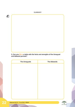 22 Material AICLE 2º de ESO: Islam
SUMMARY
5. Can you fill in a table with the facts and strengths of the Umayyad
and Abbasid periods?
		The Umayyads 				The Abbasids
	
  
 