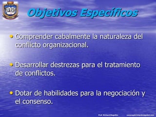 ObjetivosEspecíficosComprendercabalmente la naturaleza del conflictoorganizacional.Desarrollardestrezaspara el tratamiento de conflictos.Dotar de habilidadespara la negociación y el consenso.Prof. Richard Mogollónconyneg@richardmogollon.com