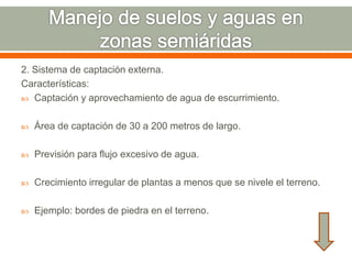 2. Sistema de captación externa.
Características:
 Captación y aprovechamiento de agua de escurrimiento.
 Área de captación de 30 a 200 metros de largo.
 Previsión para flujo excesivo de agua.
 Crecimiento irregular de plantas a menos que se nivele el terreno.
 Ejemplo: bordes de piedra en el terreno.
 