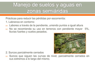 Prácticas para reducir las pérdidas por escorrentía:
1. Labranza en contorno
 Labores a través de la pendiente, uniendo puntos a igual altura
 No se recomienda su uso en terrenos con pendiente mayor 5%,
lluvias fuertes y suelos pesados.
2. Surcos parcialmente cerrados
 Surcos que siguen las curvas de nivel, parcialmente cerrados en
sus extremos a lo largo del mismo.
 
