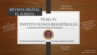 TEMA IV
INSTITUCIONES REGISTRALES
EDITORIAL,SAVALLENA
EDITOR; LISANDRO AL CHEBLI
REVISTA DIGITAL
EL JURISTA
REGISTROS
MERCANTILES
NOTARIAS
PUBLICAS
Clasificación del Sistema Registral El sistema registral venezolano
Características del Sistema Registral Venezolano
 