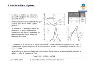 Grueso0.455l10
Delgado0.475l50
Muy
delgado
0.49l5000
Tipo de
dipolo
según
grosor
Longitud
resonante
L
L/2a§ El dipolo es también una estructura
resonante (la opción más utilizada es
resonante en l/2).
§ Para aumentar su ancho de banda hay que
hacer el radio de sus brazos (a) más
gruesos.
§ Al hacer esto, la frecuencia central de
resonancia se mueve hacia valores
ligeramente más bajos. Esto supone una
pequeña rectificación en la longitud
resonante del dipolo
§ La impedancia de entrada de un dipolo resonante l/2 de radio infinitamente delgado es 73+j42 W.
Para eliminar la parte imaginaria de dicha impedancia, se hace la longitud algo menor (0.49l) Þ
Zdip= 72+j0 W.
§ A medida que se aumenta el radio de los brazos del dipolo para incrementar la banda, también se
reduce el valor de impedancia. P.ej:
Para (L/2a) = 50 Zdip= 64.5 W
4. Antenas banda ancha, multibanda e ind. frecuencia.ACAF (2007 – 2008)
3.1- Aplicación a dipolos
 