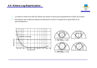 Longitud de brazo 0.95l
Relaciónaxial
Frecuencia GHz
§ La antena en modo axial radia dos lóbulos muy anchos en direcciones perpendiculares al plano de la antena.
§ Para obtener unas condiciones óptimas de polarización circular, la longitud de la espiral debe ser de
aproximadamente l
4.2- Antena Log-Espiral plana
 