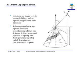 § Constituye una mezcla entre las
antenas de hélice y las log-
espirales independientes de la
frecuencia.
§ Se forma por dos brazos log-
espirales enrollados
helicoidalmente sobre un cono
de ángulo q0. Este, junto con el
ángulo de la espiral b y los
demás parámetros de la log-
espiral, determinan las
características del diagrama.
b
4. Antenas banda ancha, multibanda e ind. frecuencia.ACAF (2007 – 2008)
4.2- Antena Log-Espiral cónica
 