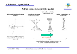 Otras estructuras simplificadas
Antena Log-periódica dentada
doblada
Genera un solo lóbulo principal
con una relación delante atrás de
uno 15 dB
Antena Log-periódica
dentada trapezoidal
Antena Log-periódica
trapezoidal de hilo
Antena Log-periódica de
hilo dentada
Más simplificado
El diagrama que presentan es prácticamente el de
la Antena Log-periódica dentada plana
4. Antenas banda ancha, multibanda e ind. frecuencia.ACAF (2007 – 2008)
4.3- Antena Log-periódica
 