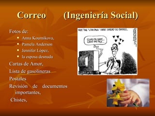 Correo  (Ingeniería Social) Fotos de: Anna Kournikova,  Pamela Anderson  Jennifer López,  la esposa desnuda Cartas de Amor,  Lista de gasolineras Postales Revisión de documentos importantes, Chistes,  