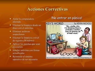 Acciones Correctivas Aislar la computadora afectada. Efectuar la limpieza desde un disco con el antivirus. Eliminar archivos sospechosos Efectuar la limpieza a nivel de registro (Windows) Aplicar los parches que sean necesarios Instalar antivirus con firmas actualizadas Reinstalar el sistema operativo de ser necesario. !No entrar en pánico! 
