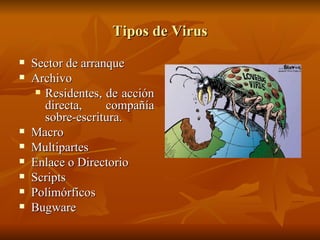 Tipos de Virus Sector de arranque Archivo  Residentes, de acción directa, compañía sobre-escritura. Macro Multipartes Enlace o Directorio Scripts Polimórficos Bugware 