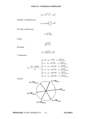 TEMA IV: NÚMEROS COMPLEJOS
PROFESOR: JULIO C BARRETO G 16 ÁLGEBRA
211 22
z
Además, su argumento es:
0
45
1
1






 arctag
Por tanto, tenemos que:
  0
452z
Luego:
 6 2 k
De donde:
  126
22 z
Y obtenemos:
 
 
 
 
 
 

























03307
12
6
0
6
03247
12
5
0
5
03187
12
4
0
4
03127
12
3
0
3
0367
12
2
0
2
037
12
1
0
1
00
0
0
0
0
0
0
2033075
2032474
2031873
2031272
203671
20370
6
36045
zk
zk
zk
zk
zk
zk
k







Es decir:
 
