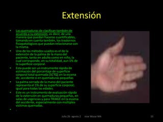 Quemaduras de primer gradoClasificación de las quemaduras por profundidad. Pueden ser de primero, segundo, tercero y cuarto grados. Quemaduras de primer grado, llamadas también epidérmicas, son quemaduras menores, causadas característicamente por la exposición prolongada a los rayos del sol, rayos ultravioletas A y B, o por exposición brevísima a llamas o flash; que únicamente afectan la capa más superficial de la piel, la epidermis, por ende no hay solución de continuidad, de tal manera que la función protectora de la piel no se ve afectada, por lo cual, para su manejo no se requiere terapia antibiótica, aunque sí analgésicos, ya que son muy dolorosas, hasta el extremo de que el dolor se considera el síntoma cardinal de este tipo de lesión, el cual se debe a la liberación de prostaglandinas en la zona de hiperemia, las cuales irritan las terminaciones nerviosas dolorosas. Clínicamente se caracterizan por la presencia de eritema, el cual es considerado el signo cardinal. Evolucionan hacia la curación de manera espontánea en tres [3] a cinco [5] días y no dejan secuelas de ninguna especie5Julio 26- agosto 2      Jose Wazar MA