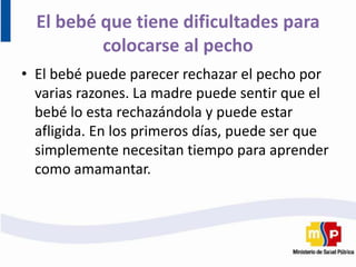 El bebé que tiene dificultades para
colocarse al pecho
• El bebé puede parecer rechazar el pecho por
varias razones. La madre puede sentir que el
bebé lo esta rechazándola y puede estar
afligida. En los primeros días, puede ser que
simplemente necesitan tiempo para aprender
como amamantar.
 