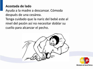 Acostada de lado
Ayuda a la madre a descansar. Cómoda
después de una cesárea.
Tenga cuidado que la nariz del bebé este al
nivel del pezón así no necesitar doblar su
cuello para alcanzar el pecho.
 