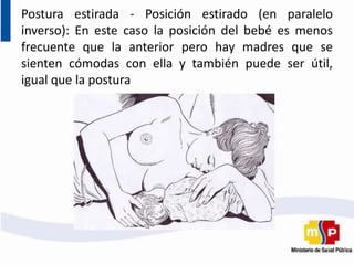Postura estirada - Posición estirado (en paralelo
inverso): En este caso la posición del bebé es menos
frecuente que la anterior pero hay madres que se
sienten cómodas con ella y también puede ser útil,
igual que la postura
 