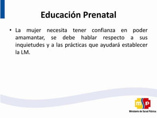 Educación Prenatal
• La mujer necesita tener confianza en poder
amamantar, se debe hablar respecto a sus
inquietudes y a las prácticas que ayudará establecer
la LM.
 