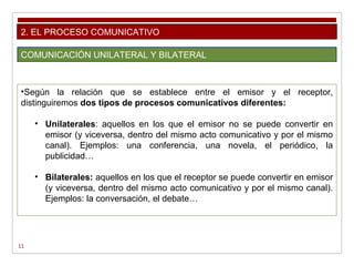 11
2. EL PROCESO COMUNICATIVO
COMUNICACIÓN UNILATERAL Y BILATERAL
•Según la relación que se establece entre el emisor y el receptor,
distinguiremos dos tipos de procesos comunicativos diferentes:
• Unilaterales: aquellos en los que el emisor no se puede convertir en
emisor (y viceversa, dentro del mismo acto comunicativo y por el mismo
canal). Ejemplos: una conferencia, una novela, el periódico, la
publicidad…
• Bilaterales: aquellos en los que el receptor se puede convertir en emisor
(y viceversa, dentro del mismo acto comunicativo y por el mismo canal).
Ejemplos: la conversación, el debate…
 