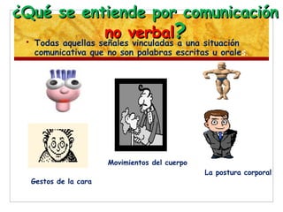 ¿Qué se entiende por comunicación¿Qué se entiende por comunicación
no verbalno verbal?? Todas aquellas señales vinculadas a una situación
comunicativa que no son palabras escritas u orales.
Ejemplos:
Gestos de la cara
Movimientos del cuerpo
La postura corporal
 