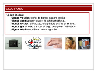 3. LOS SIGNOS
•Según el canal:
•Signos visuales: señal de tráfico, palabra escrita…
•Signos auditivos: un silbato, la palabra hablada…
•Signos táctiles: un codazo, una palabra escrita en Braille…
•Signos gustativos: el sabor amargo de algo en mal estado…
•Signos olfativos: el humo de un cigarrillo…
 