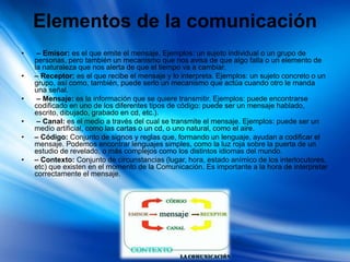 Elementos de la comunicación
• – Emisor: es el que emite el mensaje. Ejemplos: un sujeto individual o un grupo de
personas, pero también un mecanismo que nos avisa de que algo falla o un elemento de
la naturaleza que nos alerta de que el tiempo va a cambiar.
• – Receptor: es el que recibe el mensaje y lo interpreta. Ejemplos: un sujeto concreto o un
grupo, así como, también, puede serlo un mecanismo que actúa cuando otro le manda
una señal.
• – Mensaje: es la información que se quiere transmitir. Ejemplos: puede encontrarse
codificado en uno de los diferentes tipos de código: puede ser un mensaje hablado,
escrito, dibujado, grabado en cd, etc.).
• – Canal: es el medio a través del cual se transmite el mensaje. Ejemplos: puede ser un
medio artificial, como las cartas o un cd, o uno natural, como el aire.
• – Código: Conjunto de signos y reglas que, formando un lenguaje, ayudan a codificar el
mensaje. Podemos encontrar lenguajes simples, como la luz roja sobre la puerta de un
estudio de revelado, o más complejos como los distintos idiomas del mundo.
• – Contexto: Conjunto de circunstancias (lugar, hora, estado anímico de los interlocutores,
etc) que existen en el momento de la Comunicación. Es importante a la hora de interpretar
correctamente el mensaje.
 