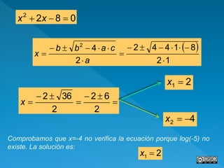 




2
62
2
362
x
Comprobamos que x=-4 no verifica la ecuación porque log(-5) no
existe. La solución es:
21 x
0822
 xx
 
12
81442
2
42






a
cabb
x
21 x
42 x
 
