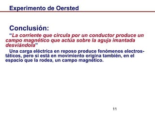 11
Experimento de Oersted
Conclusión:
“La corriente que circula por un conductor produce un
campo magnético que actúa sobre la aguja imantada
desviándola”
Una carga eléctrica en reposo produce fenómenos electros-
táticos, pero si está en movimiento origina también, en el
espacio que la rodea, un campo magnético.
 