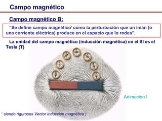 12
Campo magnético
Campo magnético B:
“Se define campo magnético1
como la perturbación que un imán (o
una corriente eléctrica) produce en el espacio que lo rodea”.
La unidad del campo magnético (inducción magnética) en el SI es el
Tesla (T)
1
siendo rigurosos Vector inducción magnética )
Animacion1
 