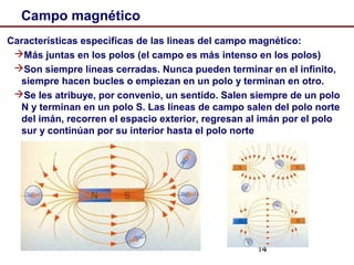 14
Campo magnético
Características especificas de las lineas del campo magnético:
Más juntas en los polos (el campo es más intenso en los polos)
Son siempre líneas cerradas. Nunca pueden terminar en el infinito,
siempre hacen bucles o empiezan en un polo y terminan en otro.
Se les atribuye, por convenio, un sentido. Salen siempre de un polo
N y terminan en un polo S. Las líneas de campo salen del polo norte
del imán, recorren el espacio exterior, regresan al imán por el polo
sur y continúan por su interior hasta el polo norte
 