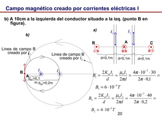 20
Campo magnético creado por corrientes eléctricas I
b) A 10cm a la izquierda del conductor situado a la izq. (punto B en
figura).
I1
d=0,1m
a)
d=0,1m
I2
d=0,1m
B A C
I1 I2
b)
Linea de campo B
creado por I2
Linea de campo B
creado por I1
B
A
dB2=0,2m
dB1=0,1
m
=
⋅
⋅⋅
===
−
1,02
30104
2
2 7
101
1
π
π
π
µ
d
I
d
IK
B m
=
⋅
⋅⋅
===
−
2,02
40104
2
2 7
202
2
π
π
π
µ
d
I
d
IK
B m
TB 5
1 106 −
⋅=
TB 5
2 104 −
⋅=
 