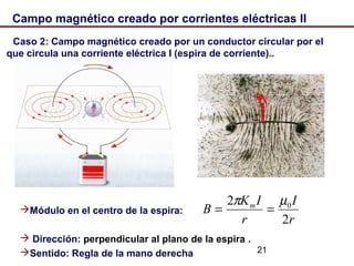 21
Caso 2: Campo magnético creado por un conductor circular por el
que circula una corriente eléctrica I (espira de corriente)..
Módulo en el centro de la espira:
 Dirección: perpendicular al plano de la espira .
Sentido: Regla de la mano derecha
Campo magnético creado por corrientes eléctricas II
B
r
I
r
IK
B m
2
2 0µπ
==
 