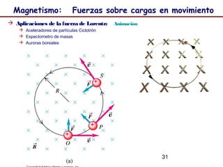 31
Magnetismo: Fuerzas sobre cargas en movimiento
 Aplicaciones de la fuerza de Lorentz: Animación
 Aceleradores de partículas Ciclotrón
 Espectometro de masas
 Auroras boreales
 