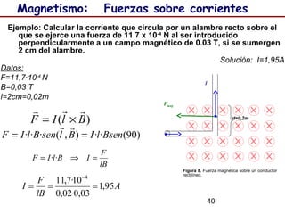 40
Magnetismo: Fuerzas sobre corrientes
Ejemplo: Calcular la corriente que circula por un alambre recto sobre el
que se ejerce una fuerza de 11.7 x 10-4
N al ser introducido
perpendicularmente a un campo magnético de 0.03 T, si se sumergen
2 cm del alambre.
Solución: I=1,95A
Datos:
F=11,7·10-4
N
B=0,03 T
l=2cm=0,02m
Figura 8. Fuerza magnética sobre un conductor
rectilíneo.
d=0,2m
Fmag
I
)( BlIF

×=
)90(··),(··· BsenlIBlsenBlIF ==

lB
F
IBlIF =⇒= ··
A
lB
F
I 95,1
03,0·02,0
10·7,11 4
===
−
 