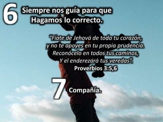 6Siempre nos guía para que
Hagamos lo correcto.
“Fíate de Jehová de todo tu corazón,
y no te apoyes en tu propia prudencia.
Reconócelo en todos tus caminos,
Y el enderezará tus veredas”.
Proverbios 3:5,6
7Compañía.
 