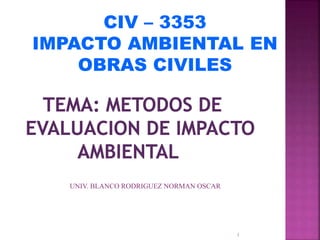 UNIV. BLANCO RODRIGUEZ NORMAN OSCAR
1
CIV – 3353
IMPACTO AMBIENTAL EN
OBRAS CIVILES
 