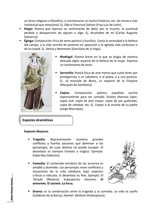 un tema religioso o filosófico, o conmemorar un hecho histórico, etc. de manera más 
        intelectual que emocional. Ej. Oda a Francisco Salinas (Fray Luis de León). 
        Elegía:  Poema  que  expresa  un  sentimiento  de  dolor  por  la  muerte,  la  juventud 
        perdida  o  desaparición  de  alguien  o  algo.  Ej.  Acuérdate  de  mí  (Carlos  Augusto 
        Salaverry). 
        Égloga: Composición lírica de tema pastoril y bucólico. Canta la serenidad y la belleza 
        del campo, y la vida sencilla de pastores en oposición a la agitada vida cortesana o 
        de la ciudad. Ej. Salicio y Nemoroso (Garcilaso de la Vega). 
                                  
                                      Madrigal:  Poema  breve  en  la  que  se  elogia  de  manera 
                                      delicada algún aspecto de la belleza de la mujer. Expresa 
                                      un sentimiento de amor.  
                                  
                                      Serranilla: Poesía lírica de arte menor que suele tener por 
                                      protagonista  a  un  caballero,  o  al  poeta,  y  a  una  pastora. 
                                      Ej.  La  mozuela  de  Bores,  La  vaquera  de  la  Finojosa 
                                      (Marqués de Santillana). 
                                  
                                      Coplas:  Composición  poética  española  escrita 
                                      expresamente  para  ser  cantada.  Existen  diversos  tipos: 
                                      copla  real,  copla  de  arte  mayor,  copla  de  pie  quebrado, 
                                      copla de soledad, etc. Ej. Coplas a la muerte de su padre 
                                      (Jorge Manrique). 
                                  

    Especies dramáticas 
                                                   
 
        Especies Mayores 
     
               Tragedia:  Representación  escénica  grandes 
               conflictos  y  fuertes  pasiones  que  dominan  a  los 
               personajes,  de  cuyo  destino  no  puede  escapar.  El 
               desenlace  es  siempre  funesto  o  trágico.  Ejemplo: 
               Edipo Rey (Sófocles). 
                
               Comedia:  El  contenido  temático  de  las  acciones  es 
               amable y divertido. Los personajes viven conflictos y 
               situaciones  de  la  vida  cotidiana,  bajo  aspectos 
               críticos o ridículos. El desenlace es feliz. Ejemplo: El 
               Tartufo  (Moliere).  Subespecies  menores:  El 
               entremés. El sainete. La farsa. 
            
               Drama:  es  la  combinación  entre  la  tragedia  y  la  comedia.  La  vida  es  sueño 
               (Calderón de la Barca), Hamlet  (William Shakespeare). 
     


 
 