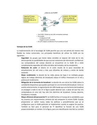 Ventajas de las VLAN
La implementación de la tecnología de VLAN permite que una red admita de manera más
flexible las metas comerciales. Los principales beneficios de utilizar las VLAN son los
siguientes:
Seguridad: los grupos que tienen datos sensibles se separan del resto de la red,
disminuyendo las posibilidades de que ocurran violaciones de información confidencial.
Las computadoras del cuerpo docente se encuentran en la VLAN 10 y están
completamente separadas del tráfico de datos del Invitado y de los estudiantes.
Reducción de costo: el ahorro en el costo resulta de la poca necesidad de
actualizaciones de red caras y más usos eficientes de enlaces y ancho de banda
existente.
Mejor rendimiento: la división de las redes planas de Capa 2 en múltiples grupos
lógicos de trabajo (dominios de broadcast) reduce el tráfico innecesario en la red y
potencia el rendimiento.
Mitigación de la tormenta de broadcast: la división de una red en las VLAN reduce la
cantidad de dispositivos que pueden participar en una tormenta de broadcast. Como se
analizó anteriormente, la segmentación de LAN impide que una tormenta de broadcast
se propague a toda la red. En la figura puede observar que, a pesar de que hay seis
computadoras en esta red, hay sólo tres dominios de broadcast: Cuerpo docente,
Estudiante e Invitado.
Mayor eficiencia del personal de TI: las VLAN facilitan el manejo de la red debido a que
los usuarios con requerimientos similares de red comparten la misma VLAN. Cuando
proporciona un switch nuevo, todas las políticas y procedimientos que ya se
configuraron para la VLAN particular se implementan cuando se asignan los puertos.
También es fácil para el personal de TI identificar la función de una VLAN
proporcionándole un nombre. En la figura, para una identificación más fácil se nombró
 