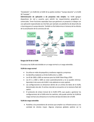"Estudiante" a la VLAN 20, la VLAN 10 se podría nombrar "Cuerpo docente" y la VLAN
30 "Invitado ".
Administración de aplicación o de proyectos más simples: las VLAN agregan
dispositivos de red y usuarios para admitir los requerimientos geográficos o
comerciales. Tener funciones separadas hace que gestionar un proyecto o trabajar con
una aplicación especializada sea más fácil, por ejemplo una plataforma de desarrollo de
e-learning para el cuerpo docente. También es fácil determinar el alcance de los efectos
de la actualización de los servicios de red.
Rangos del ID de la VLAN
El acceso a las VLAN está dividido en un rango normal o un rango extendido.
VLAN de rango normal
 Se utiliza en redes de pequeños y medianos negocios y empresas.
 Se identifica mediante un ID de VLAN entre 1 y 1005.
 Los ID de 1002 a 1005 se reservan para las VLAN Token Ring y FDDI.
 Los ID 1 y 1002 a 1005 se crean automáticamente y no se pueden eliminar.
Aprenderá más acerca de VLAN 1 más adelante en este capítulo.
 Las configuraciones se almacenan dentro de un archivo de datos de la VLAN,
denominado vlan.dat. El archivo vlan.dat se encuentra en la memoria flash del
switch.
 El protocolo de enlace troncal de la VLAN (VTP), que ayuda a gestionar las
configuraciones de la VLAN entre los switches, sólo puede asimilar las VLAN de
rango normal y las almacena en el archivo de base de datos de la VLAN.
VLAN de rango extendido
 Posibilita a los proveedores de servicios que amplíen sus infraestructuras a una
cantidad de clientes mayor. Algunas empresas globales podrían ser lo
 